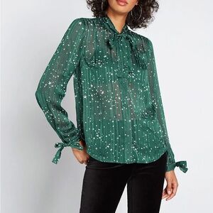 EUC ModCloth Celestial Green Star-Patterned Button Up Pussycat Blouse 1X
